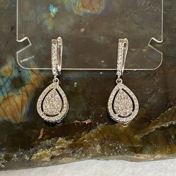 Sterling Silver 925 Cubic Zirconia CZ Teardrop Dangle Earrings Hinged Back - Picture 6 of 16
